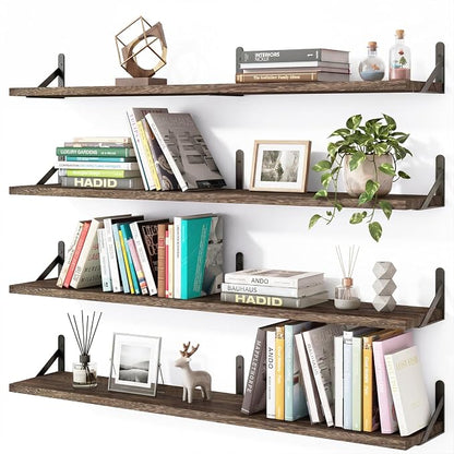 YGEOMER Floating Shelves for Wall, 35in Brown Wall Shelves for Living Room, Bathroom, Bedroom, Kitchen, Home Decor (Set of 4)