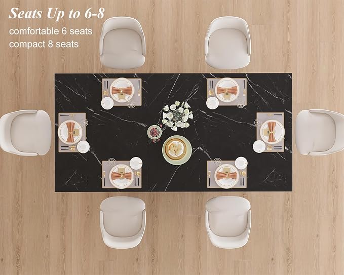 HSH Black Faux Marble Dining Table, 63 inch Modern Dinner Table for 6 Person, Farmhouse Rectanglur Kitchen Table for Living Room, Long Wood Dining Room Tables with strong Pedestal, Black Marble, 63 In