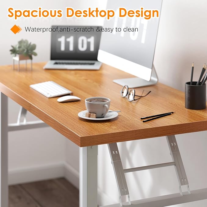 Need Folding Desk, 54 inch Large Computer Desk for Home Office, No Install Needed Study Student Writing Table Desk Workstation, Teak White