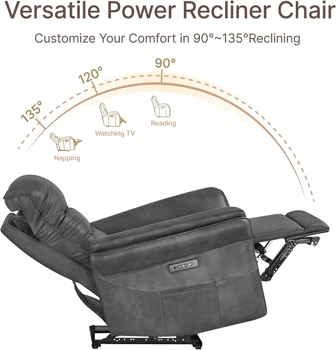 KISLOT Power Recliner Chair with Adjustable Headrest and Footrest, Dual Motor Leather Reclining Chair with USB/Type-C Charging, Zero Gravity Modern Electric Recliner for Adults Living Room Bedroom