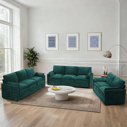 3 Pieces Chenille Sofa Set w/Arm Pillows, Upholstered Loveseat & 2 Pieces 3 Seater Sofa w/Comfortable Back Cushions, Modern 2-Seat & 3-Seat w/High-Density Foam for Living Room, Teal