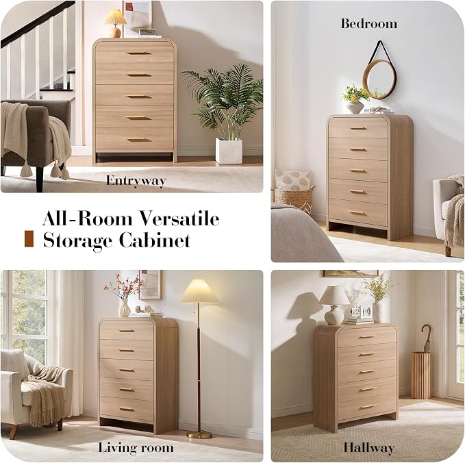 Curved 5 Drawer Dresser for Bedroom, 31'' Wide Chest of Drawers, Modern Storage Cabinet for Hallway & Living Room TV Stand, FSC Certified 1.18" Thick Board, 100 lbs Top Weight, Oak