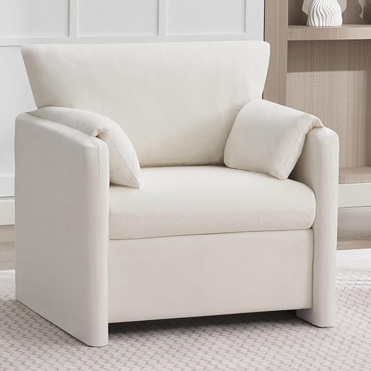 Oversized Accent Chair for Living Room, 32.68" Large Modern Armchair with Deep Seat, Mid-Century Comfy Reading Chair with Padded Arms, Chenille Single Sofa Chairs for Bedroom, Beige