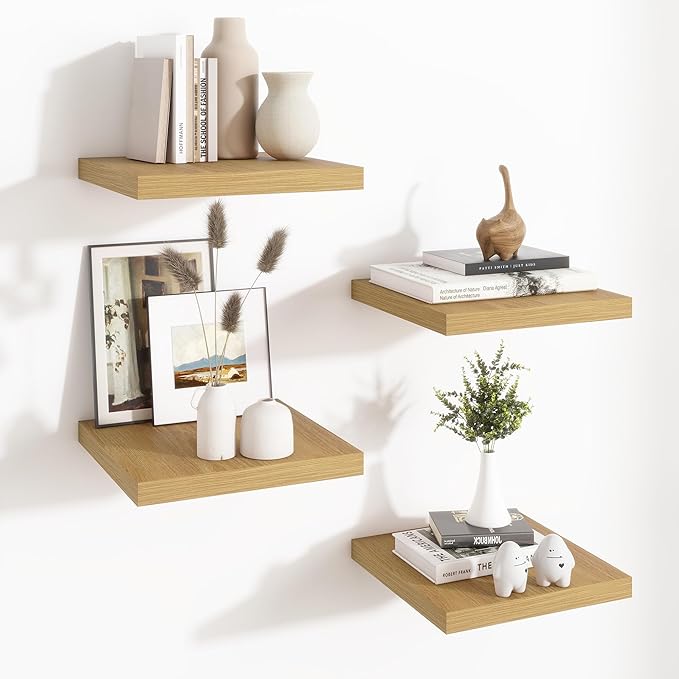 Fun Memories Square Floating Shelves for Wall - 12 Inch Deep Floating Shelves with Invisible Brackets, Oak Small Wall Shelf for Living Room, Bathroom, Bedroom, and Kitchen Decor Set of 4