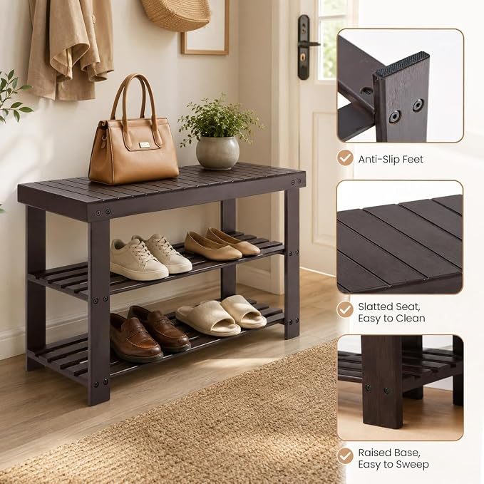 Shoe Rack Bench, 3-Tier Shoe Storage Organizer for Entryway , Shoe Shelf for Small Spaces, Multi-Functional Side Table Plant Stand, Shoe Stand for Bedroom, Living Room, Closet, Front Door, Brown