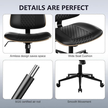 Modern Armless Office Chair with Wheels, Adjustable Swivel Desk Chair with Wide Seat and Tilt Function, Faux Leather Mid Century Task Chair for Home Office, Bedroom, Vanity, Black