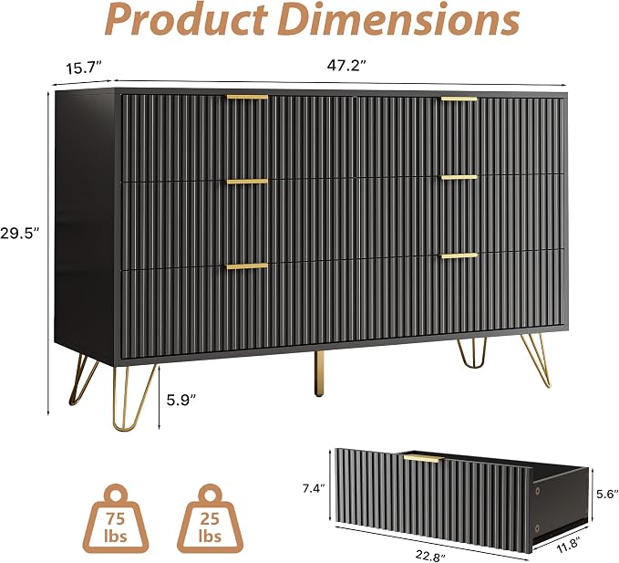 MAISONARIA Black Dresser for Bedroom, Modern Dresser with Gold Metal Handles & Chests of Drawers, Wood Chest of Drawers for Bedroom