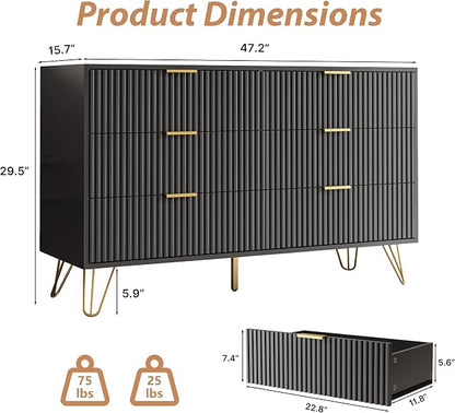 MAISONARIA Black Dresser for Bedroom, Modern Dresser with Gold Metal Handles & Chests of Drawers, Wood Chest of Drawers for Bedroom