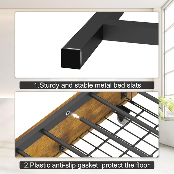 KEIKI Full Size Corner Bed Frames with Storage Drawers, Charging Station, Led Light & Bookcase Headboard, Wooden & Metal L-Shaped Captain Daybed for Small Room, Bedroom, Guest Room, kids'Room, Brown