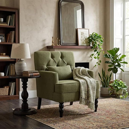 HUIMO Accent Chair for Living Room, Tufted Upholstered Club Chair with Lumbar Pillow, Vintage Reading Armchair with Solid Wood Legs for Bedroom Apartment, Olive Green
