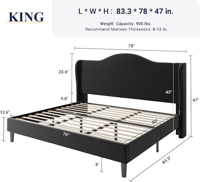 Allewie King Size Bed Frame, Upholstered Wingback Platform with 47" Tall Tufted Headboard, Plush Velvet Fabric, Modern Minimalist Design, No Box Spring Required, Tool-Free Assembly, Black