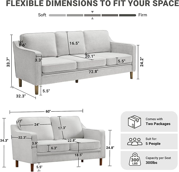Kingfun Couch Sets for Living Room, 3 Seater Couch and Loveseat, Mid Century Modern Sofa Set, Chenille Couch with Solid Wood Frame for Bedroom