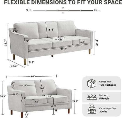 Kingfun Couch Sets for Living Room, 3 Seater Couch and Loveseat, Mid Century Modern Sofa Set, Chenille Couch with Solid Wood Frame for Bedroom