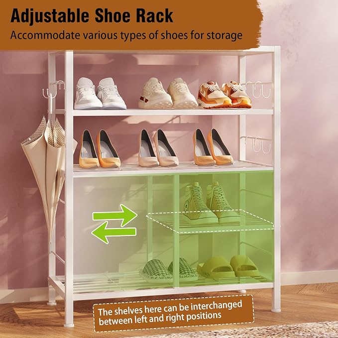 GiftGo Modern White Large 5-Tier Hall Tree Entryway Wooden Shoes Rack Shelf Coat Rack with Movable 9 Metal Hooks Storage Organizer for Home Office Bedroom Mudroom Living Room