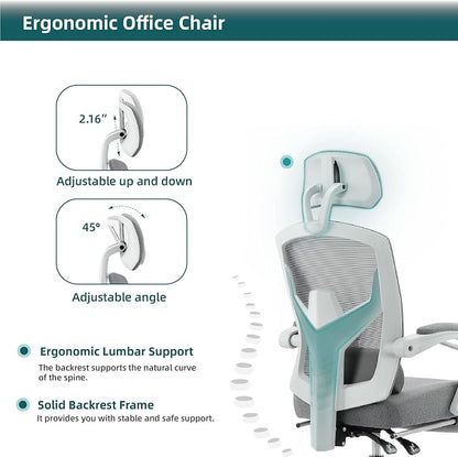 DUMOS Office Desk Computer Chair with Footrest, Ergonomic Mesh Swivel Gaming Chair with Rolling Wheels, Comfortable Headrest, Lumbar Support, Comfy for Home, Office, Task, Student, Elegant Grey