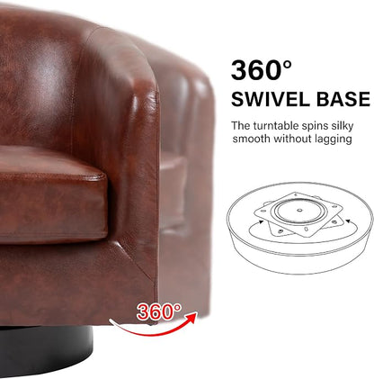 Swivel Barrel Accent Chair, Modern Round Faux Leather Arm Chair for Living Room, Bedroom, Comfy Club Reading Chairs for Adults