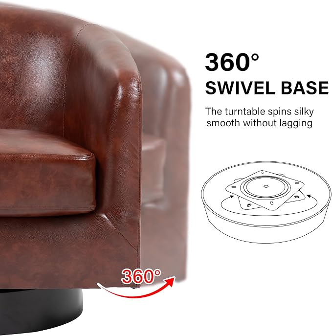 Swivel Barrel Accent Chair, Modern Round Faux Leather Arm Chair for Living Room, Bedroom, Comfy Club Reading Chairs for Adults(Faux Leather, Red Brown, Set of 2)