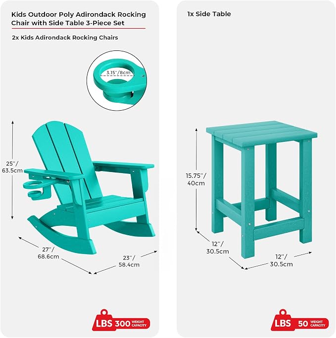Costaelm Paradise 3-Piece Kids Table and Chairs Set with Toddler Rocking Chairs and Cup Holders, Turquoise