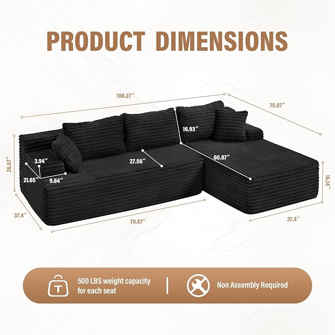 Hobestluk Boneless Couch Modular Sectional Sofa L-Shape Oversized Chaise | 108" Right Facing Chaise Charcoal,Memory Foam,Removable Cover,Non-slip Bottom,No Assemble Required,Living Room Furniture