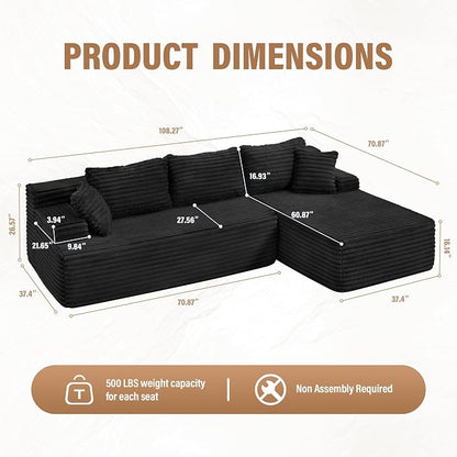 Hobestluk Boneless Couch Modular Sectional Sofa L-Shape Oversized Chaise | 108" Right Facing Chaise Charcoal,Memory Foam,Removable Cover,Non-slip Bottom,No Assemble Required,Living Room Furniture