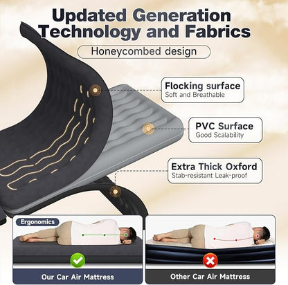 Back Seat Car Air Mattress: Inflatable SUV Car Camping Bed for Truck Van, Thickened Double-Sided Flocking Travel Car Sleeping Pad with Air Pump 2 Pillows