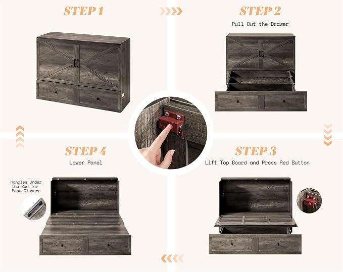 AMERLIFE Full Murphy Bed with Storage & Charging Station, Farmhouse Murphy Cabinet with Foldable Panel, Noisy Free, for Guest Bedroom, Living Room, Office, Rustic Grey