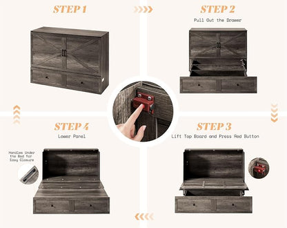 AMERLIFE Full Murphy Bed with Storage & Charging Station, Farmhouse Murphy Cabinet with Foldable Panel, Noisy Free, for Guest Bedroom, Living Room, Office, Rustic Grey