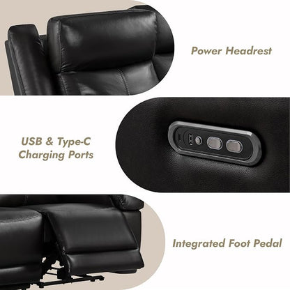 Watson & Whitely Genuine Leather Power Recliner Sofa, 3 Seater Wall Hugger Reclining Sofas with Storage Console, Power Headrest, USB, Electric Recliner Couch Set for Living Room, Black
