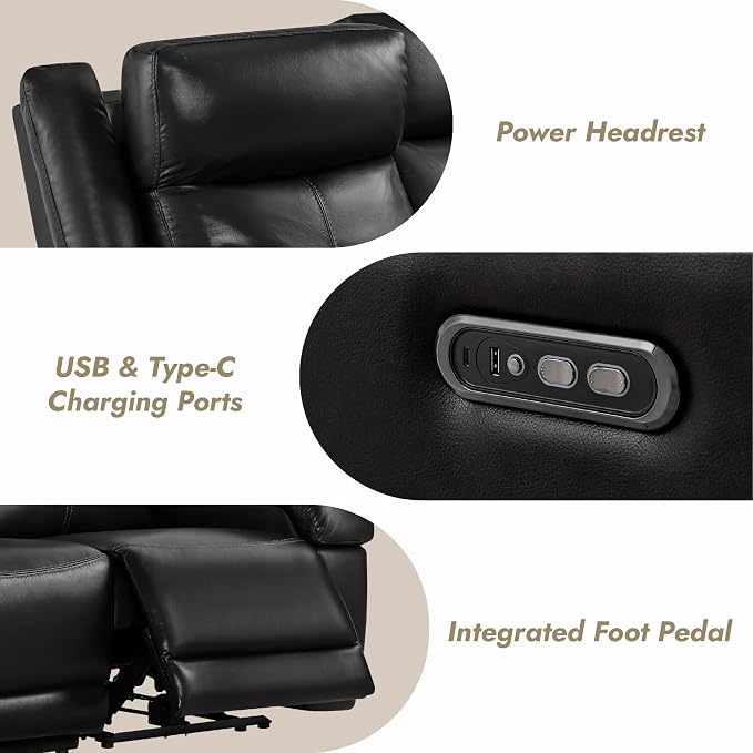 Watson & Whitely Genuine Leather Power Loveseat Recliner Sofa, 2 Seat Wall Hugger Reclining Sofa with Power Headrest & Charging Ports, Dual Recliner Sofas for Living Room, RV, Black