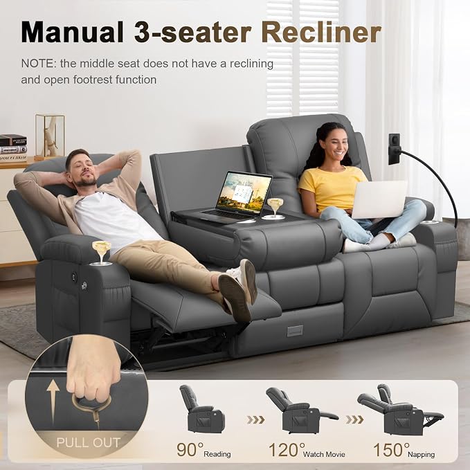 YONISEE 3 Seat Recliner Sofa with Flip Backrest Design, Loveseat Reclining Sofa with Storage Drawer, USB Ports, 2 Cell Phone Holder, Loveseat Recliner Couch for Living Room