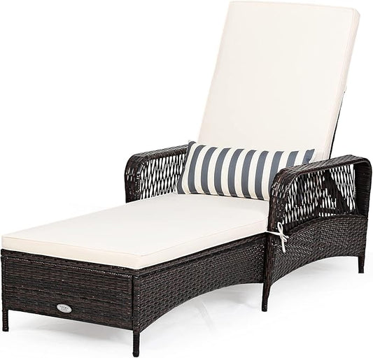 COSTWAY PE Rattan Chaise Lounge Chair, 6 Gear Adjustable Recliner with Armrest & Pillow, Wicker Outdoor Furniture for Deck, Patio (1, Brown)