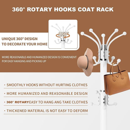 Modern Metal Coat Rack Stand, 360°Rotary Coat Rack Freestanding with Natural Marble Base, White Sturdy Coat Racks with 16 Hooks, Coat Racks Hall Tree Stand for Entryway (White)
