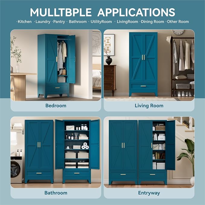 COFaR 71 Farmhouse Metal Wardrobe Closet with Hanging Rod, 2 Barn Doors, Adjustable Shelves, Steel Armoire with Drawer for Home, Bedroom Green