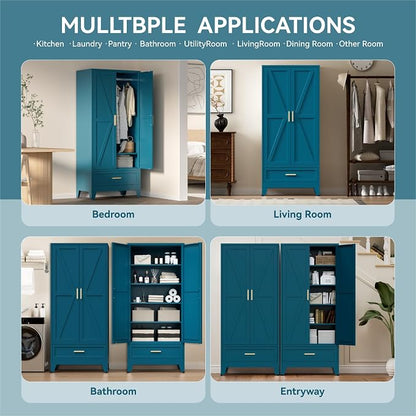 COFaR 71 Farmhouse Metal Wardrobe Closet with Hanging Rod, 2 Barn Doors, Adjustable Shelves, Steel Armoire with Drawer for Home, Bedroom Green