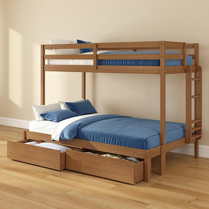Grain & Grove Bear Twin Over Full Bunk Bed with Storage Drawers, Sturdy Bunk Bed Frame for Kids, Plywood Bunk with Ladder, Guardrail, and Slats, No Box Spring Required, Oak Embossed Pecan