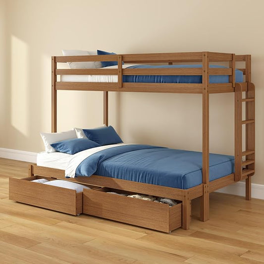 Grain & Grove Bear Twin Over Full Bunk Bed with Storage Drawers, Sturdy Bunk Bed Frame for Kids, Plywood Bunk with Ladder, Guardrail, and Slats, No Box Spring Required, Oak Embossed Pecan