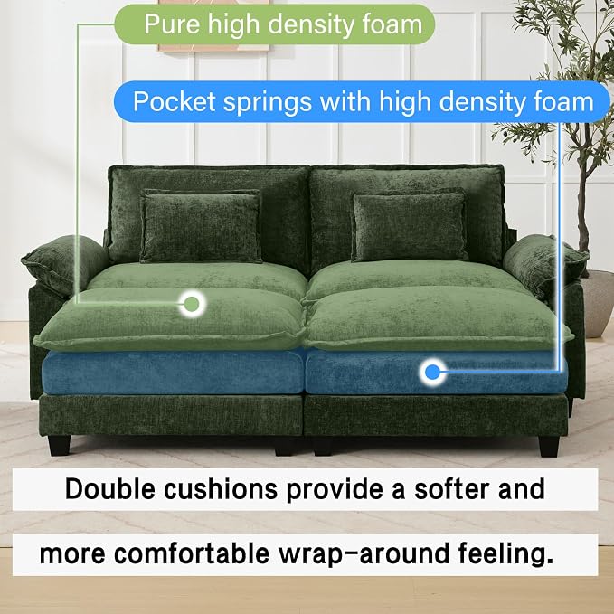 Oprisen 86" Modular Sectional Sofa, Comfy Cloud Couch Sectional Sofa with Ottoman, Chenille Sofa Sleeper Deep Seat Sofa with Throw Pillows for Living Room (Green)