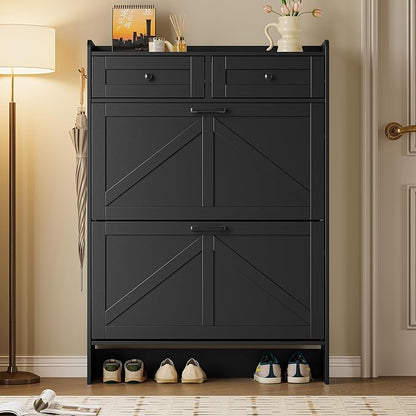 BORNOON Shoe Storage Cabinet for Entryway, Farmhouse Narrow Shoe Cabinet with 2 Flip Drawers & Top Drawers, Adjustable Shelves & Hooks, Freestanding Hidden Rack Organizer for Hallway, Foyer