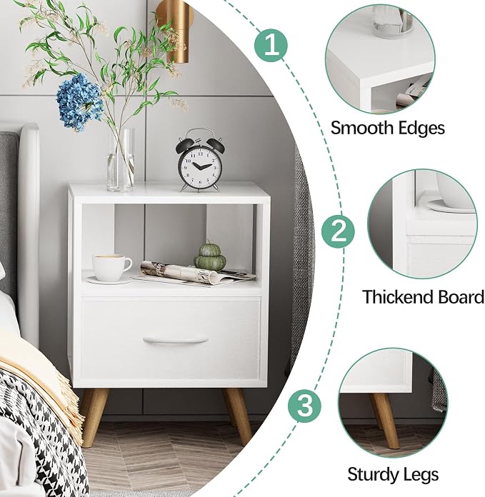 Aenuert Night Stand, White Kids Nightstand with Drawer, Nursery Side Table with Open Storage, 2-Tier Modern End Table, Bedside Table for Small Space, Living Room, Bedroom
