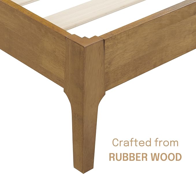 NTC Ruby Wooden Bed Frame with Headboard and Natural Rattan, Solid Oak Foundation with Silent Slats, 1000 Lb Capacity, Effortless Assembly, King - Teak Look