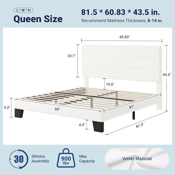 Allewie Queen Size Platform Bed Frame with Velvet Upholstered Headboard and Wooden Slats Support, Fully Mattress Foundation/No Box Spring Needed/Easy Assembly, White