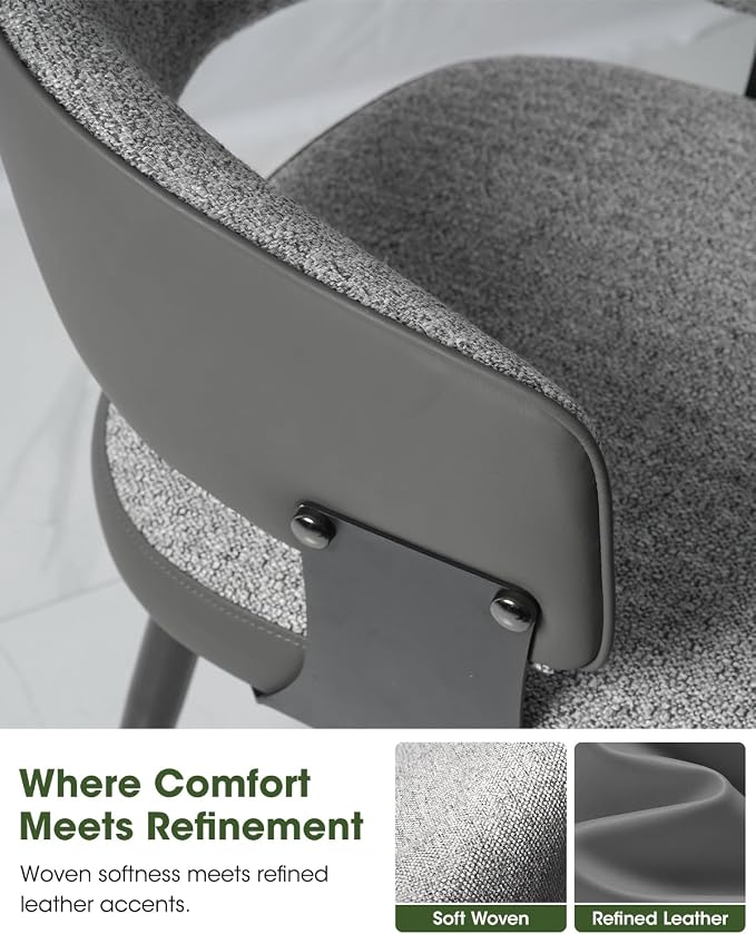 Dining Chairs Set of 4, Modern Upholstered Kitchen & Dining Room Chairs with Breathable Woven Fabric and Faux Leather Accents, Curved Open Back & Metal Legs (Gray Woven, Set of 4)
