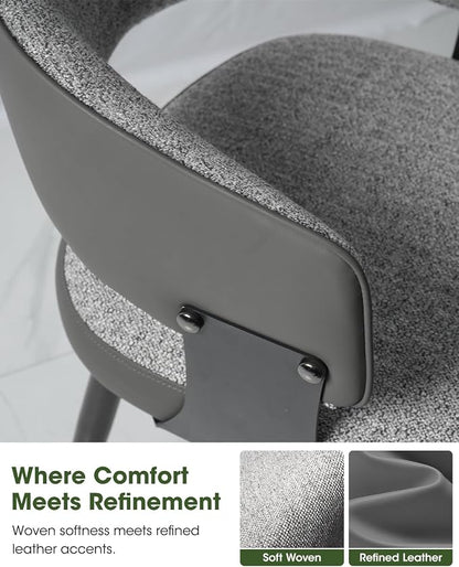 Dining Chairs Set of 4, Modern Upholstered Kitchen & Dining Room Chairs with Breathable Woven Fabric and Faux Leather Accents, Curved Open Back & Metal Legs (Gray Woven, Set of 4)