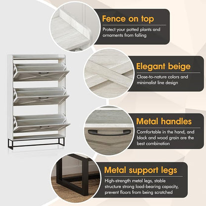 Maupvit Shoe Storage Cabinet with 3 Flip Drawers, Freestanding Organizer with Metal Legs for Entryway, Narrow Shoe Rack Cabinet, Beige
