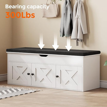Homleke Shoe Storage Bench with Lift Top & 3 Barn Doors, Entryway Bench with Removable Cushion, Adjustable Shelf, Hidden Storage Cabinet for Hallway, Living Room, Bedroom - White