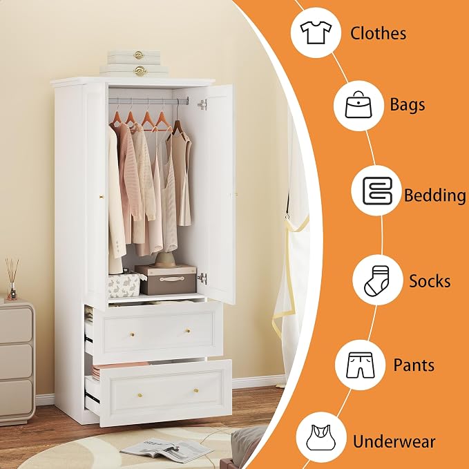 Armoire Wardrobe Closet with Drawers: Large White Wardrobe Closet with 2 Doors and 2 Drawers, Wooden Bedroom Armoires Storage Cabinet with Hanging Rod and Shelves (32")
