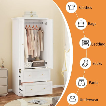 Armoire Wardrobe Closet with Drawers: Large White Wardrobe Closet with 2 Doors and 2 Drawers, Wooden Bedroom Armoires Storage Cabinet with Hanging Rod and Shelves (32")
