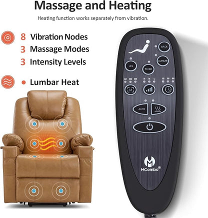 MCombo Power Lift Recliner Chair for Elderly 7516(Tawny, Large) | Heat and Massage, Breathable Faux Leather, USB& Type C Charging Port, FSC Certified