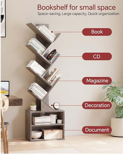 SUNMORY 6 Tier Tree Bookshelf, Tall Bookcase with Storage Cabinet, Modern Narrow Bookshelves Organizer, Floor Standing Book Shelf for Bedroom/Living Room/Home Office/Corner, Grey