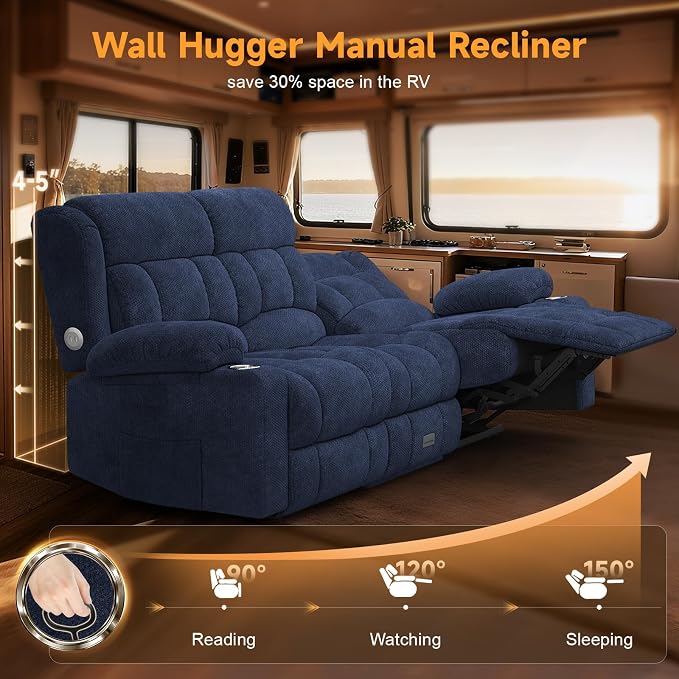 Loveseat Recliner Sofa with Flip Backrest Design, 3 Seat RV Recliner Sofa with USB Ports & Pockets, Wall Hugger Reclining Loveseat with Cup Holders & Drawer, RV Couch for Home Theater Seating